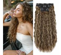 VEGALILY Curly Hair Extensions 4PCS Hair extensions Clip in 20inch Ombre Brown Clip in hair Extension Full Head Synthetic Fiber Hairpieces for Women (Light Brown with Highlights)