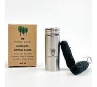 Vegan Biodegradable Bamboo Charcoal Dental Floss with Refillable Stainless Steel Container | 33yds x2 | Extra Floss Refill | Natural Candelilla Wax | Peppermint | Eco Zero Waste Oral Care