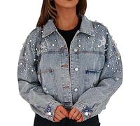 Vegan Leather Jacket Womens Stores Ladies Coats And Jackets Birthday Gifts for Women Activities Women's Long Pearl Beaded Denim Jacket Ripped Star Embroidered Denim Jacket Outerwear Clearance Store