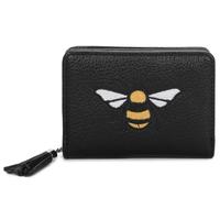 Vegan Leather Wallet with Embroidered Bee Design, Compact Card Holder, Decorative Tassel Detail (Black)