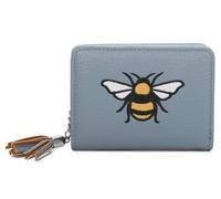 Vegan Leather Wallet with Embroidered Bee Design, Compact Card Holder, Decorative Tassel Detail (Blue)