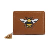 Vegan Leather Wallet with Embroidered Bee Design, Compact Card Holder, Decorative Tassel Detail (Brown)