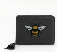Vegan Leather Wallet with Embroidered Bee Design, Compact Card Holder, Decorative Tassel Detail (D.Grey)