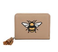 Vegan Leather Wallet with Embroidered Bee Design, Compact Card Holder, Decorative Tassel Detail (Khaki)