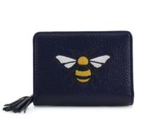 Vegan Leather Wallet with Embroidered Bee Design, Compact Card Holder, Decorative Tassel Detail (Navy)