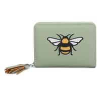 Vegan Leather Wallet with Embroidered Bee Design, Compact Card Holder, Decorative Tassel Detail (Sage Green)