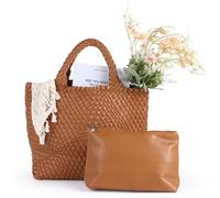 Vegan Leather Woven Tote with Coin Purse, Handmade Beach Bag for Women, Versatile Top Handle Bag