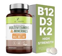 Vegan Multivitamin for Men and Women with B12, D3, K2 & Iron, 180 Tablets
