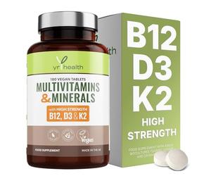 Vegan Multivitamins & Minerals with Vitamin B12, D3 & K2, Zinc and Iron, 180 Vegan Society Registered Tablets for Men and Woman, 6 Month Supply - Made in The UK by YrHealth
