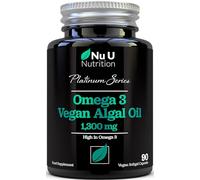 Vegan Omega 3 Algae Oil 1300mg - 520mg DHA per Serving - 90 Vegan Softgel Capsules with Vitamin E - High Strength DHA from Marine Algae Oil - Plant Based Omega 3