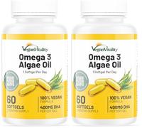 Vegan Omega 3 Algae Oil : 400mg DHA - for Heart, Joints, Brain Health, High Strength 60 Softgel Tablets, 2 Months Supply. Omega 3 Supplements. Omega 3 Vegan, Vegetarians DHA Supplement (Pack of 2)