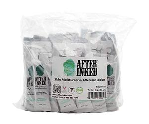 Vegan Tattoo Aftercare Lotion by After Inked. Best for new tattoos, Permanent Make Up, Micropigmentation, Microblading and Laser Removal. Sachet Sizes: 7 ml bag of 50 (no stand)