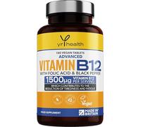 Vegan Vitamin B12 Tablets 1500mcg Methylcobalamin High Strength with Added Folic Acid & Black Pepper - 180 Tablets (6 Month Supply) - Reduction of Tiredness & Fatigue - Made in The UK by YrHealth