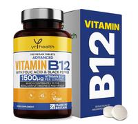 Vegan Vitamin B12 Tablets 1500mcg Methylcobalamin High Strength with Added Folic Acid & Black Pepper - 180 Tablets (6 Month Supply) -