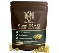 Vegan Vitamin D3 K2 Softgels 4000IU, 6 Months Supply, Olive Oil Based Lichen Sourced D3 and K2 Vitamin Complex, High Strength Vitamin D with K2, D3 Vitamin Supplements, 180 Count - Max Thrives
