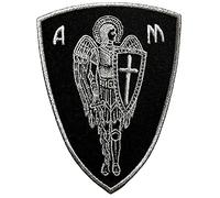 VEGASBEE® Archangel St. Michael Saint Cross Sword Shield Protection Christian Embroidered Iron-on Patch Silver Metallic Medium Size 4.5" by 3.5" inches USA Original Design (Black-Silver)