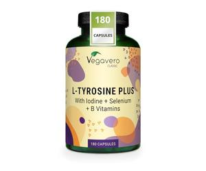 Vegavero L-Tyrosine 1200 mg | 180 Capsules | with Iodine, Selenium & B Vitamins | Fermented Free-Form Amino Acid | High Strength Complex | Brain, Energy & Focus Supplement | Vegan