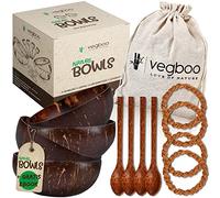 vegboo LOVE OF NATURE Coconut Bowls Set of 4 with E-Book and Accessories - Vegan Sustainable Coconut Bowl - Handmade Ideal as Cereal Bowl, Vegan, Acai and Smoothie Bowl