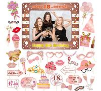 VEGCOO 18th Birthday Decorations, Inflatable Photo Booth Frame 18th Birthday Gifts for Girls, 33 Pcs Different Rose Gold Photo Booth Props Birthday Decoration for Girls
