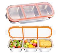 VEGCOO 2 Pack Stainless Steel Snack Boxes, Snack Box with Compartments, Small Stainless Steel Bento Box, Divided Meal Prep Containers with Airtight Lids for School Work Travel (3 Compartments*2)