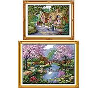 VEGCOO 2 Packs Embroidery Cross Stitch Kits for Adults Beginners, Park Scenery & Dreamy Cottage Pre Printed Embroidery Cross Stitch Kit 11CT Needlework Kit DIY Artwork for Adults Home Decor or Gifts
