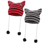 VEGCOO 2 Pcs Women's Cat Beanie Hat, Knitted Crochet Cat Ear Beanie Hats, Winter-Warm Elastic Hat with Cat Ears, Suitable for Girls Adults Kids, Punk Gothic, Y2K Style Accessories (One Size)