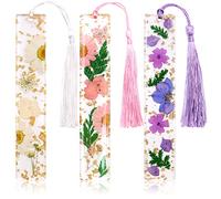 VEGCOO 3 Pieces Pressed Flower Bookmarks, Transparent Floral Resin Dried Flower Page Makers with Tassel, Pink Delphinium, White Daisy, Purple Verbena, Office Products