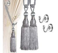 VEGCOO 4 Pack Handmade Curtain Clips Tiebacks Set, 2 Pack Europe Buckles Hold backs Tassel Ball Rope with 2 Pack Curtain Tieback Hooks (Grey)