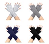 VEGCOO 4 Pairs Half Finger Gloves, Winter Stretch Knit Long Fingerless Gloves for Women Men (Black/Light Grey/Navy/Linen Gray)
