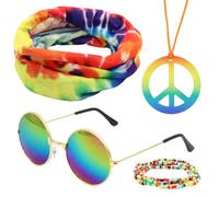 VEGCOO 4 Piece Hippie Costume Set, Hippie Accessories, Colorful Headband, Hippie Sunglasses, Peace Necklace, Colorful Beaded Bracelet, for 70s 80s Theme Party Carnival Accessories