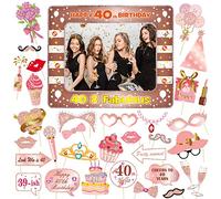 VEGCOO 40th Birthday Gifts for Women, 40th Birthday Decoration Photo Props, Inflatable Photo Booth Frame 40th Birthday Decorations for Women, 33 Pcs Different Rose Gold 40th Photo Booth Props for Her