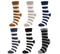 VEGCOO 6 Pairs Cozy Fluffy Striped Slipper Socks Women Men 37-43, Soft Fuzzy Bed Socks, Winter Fluffy Comfy Sleeping Warm Socks (Black/Navy/Dark Gray/Light Gray/Brown/Khaki)
