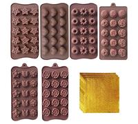 VEGCOO 6 Pcs Silicone Chocolate Molds with 100 Pcs Chocolates Gold Foil Wrappers, Heart Shape Chocolates Candy Mold Chocolate Bar Moulds for Valentine's Day Christmas Party