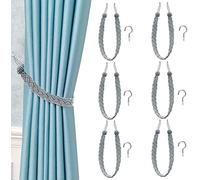 VEGCOO 6 Pieces Hand Knitting Curtains Tied Rope Simple Type Curtain Tie Backs with 6 Pieces Metal Curtain Tieback Hooks for Window Curtain Accessories(Grey)