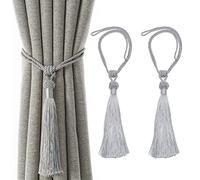VEGCOO Curtain Tiebacks, 2 Pack Handmade Woven Rope Tassel Tie Backs Curtain Holdbacks Clips for Home Bedroom Window Decoration (Grey, 1 Pcs)