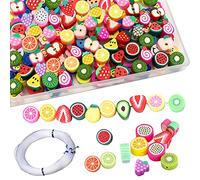 VEGCOO Flower Smiley Face Beads, 200PCS Fruit Beads 10mm Colour Mixed Clay Beads Soft Ceramic Beads with Beaded Thread for Jewellry Handmade DIY Making Accessories (Fruit)