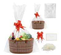 VEGCOO Hamper Basket Gift Baskets Empty Woven Bamboo Gift Basket with Wrap Bags, Pull Bows, Card and Raffia, Hamper Baskets Gifts Empty to Fill for Christmas Birthday Baby Shower Wedding Gift (1pc)