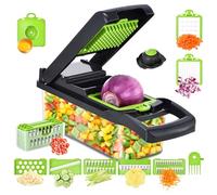 VegCuut 15-in-1 Vegetable Slicer,Mandoline Slicer - Multi-Function Kitchen Vegetable & Fruit CutterOnion Potato SaladCutter with Drain BasketHand Guard and Cleaning Brush (Gray-Green)