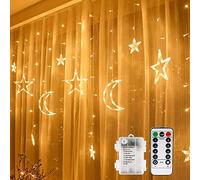Vegena 3.5m Stars Moon LED Window Curtain Lights, Battery Operated with Remote Control, 8 Flashing Modes, Warm White, Indoor/Outdoor, 138 LED Bulbs, 3m Length, Modern Style, Space Theme