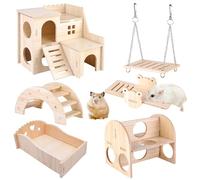 Vegena Wooden Hamster Toy Set, 6 Pcs Hamster Toys Set, Wooden Pine Guinea Pigs Toy, Including Wooden Hamster House Seesaw Bridge And Swing, Wooden Toys for Hamster Bunnies Small Pet