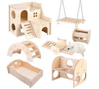 Vegena Wooden Hamster Toy Set, 7 Pcs Hamster Toys Set, Wooden Pine Guinea Pigs Toy, Including Wooden Hamster House Seesaw Bridge And Swing, Wooden Toys for Hamster Bunnies Small Pet