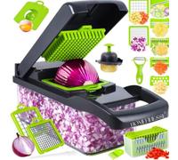 Vegetable Chopper, 16-in-1 Multifunctional Food Chopper, 8 Blades Vegetable Slicer, Onion Chopper Vegetable Cutter & Adjustable Veggie Slicer, Potato Dicer Chopper, Container for Salad Garlic | Grey