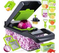 Vegetable Chopper and Dicer Set, 16-in-1 Manual Food Cutter with Collection Container, Black and Green