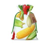 Vegetable Corn Printed Christmas Drawstring Bags Reusable Xmas Bag for Party Xmas Gift Wrapping, Green Ribbon, S