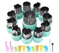 Vegetable Cutter Shapes Set 12pcs Stainless Steel Mini Sizes Cookie Cutters Fruit Stamps Mold and 10 Mini Kids Fruit Forks for Kids Baking and Food Supplement Tool Accessories (Green)