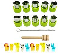 Vegetable Cutters for Kids Set, 12 Pcs Stainless Steel Fruit Shape Cutter Sandwich Cutters for Kids, Cookie Cutters Mold/Food Picks for Kids with 10 Fruit Animal Picks, Brush and Wood Stick