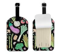 Vegetables Food Doodle On Dark,Luggage Tags Pu Leather Name Tag Travel Suitcase Identifier ID Tags Durable Baggage Label 2 pcs