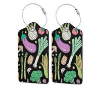Vegetables Food Doodle On Dark,Luggage Tags Pu Leather Name Tag Travel Suitcase Identifier ID Tags Durable Luggage Label 2 pcs
