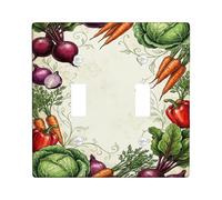 Vegetables Kitchen Double Light Switch Cover Plate, Botanical Rustic Carrots Cabbage Harvest Green Plastic Standard Size Switch Plate Decorative for New Apartment Home Bedroom Office Decor