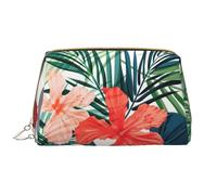 Vegetation Leaves with Hibiscus Flowers Leather Hand-Held Zipper Makeup Bag Cute Make Up Case Large Wide-Open Pouch Pen Case